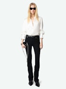 Thely Satin Shirt - Women's white satin blouse with long sleeves, gathered cuffs, and fishnet wings embroidery on the back.