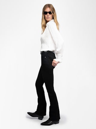 Chemise Thely Satin - Chemise en satin japonais écru à manches longues, poignets froncés et broderie fishnet ailes au dos.