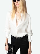 Thely Satin Shirt - Women's white satin blouse with long sleeves, gathered cuffs, and fishnet wings embroidery on the back.
