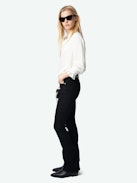 Thely Satin Shirt - Women's white satin blouse with long sleeves, gathered cuffs, and fishnet wings embroidery on the back.