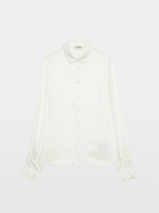 Camisa Thely Satin - Camisa de satén japonés crudo de manga larga, puños fruncidos y bordado fishnet con las alas metálicas emblemáticas en la espalda.