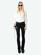 Thely Satin Shirt - Women's white satin blouse with long sleeves, gathered cuffs, and fishnet wings embroidery on the back.