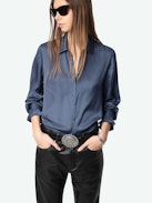 Thely Satin Shirt - Satin shirt, long sleeves, button fastening and rhinestone wing on the back.
