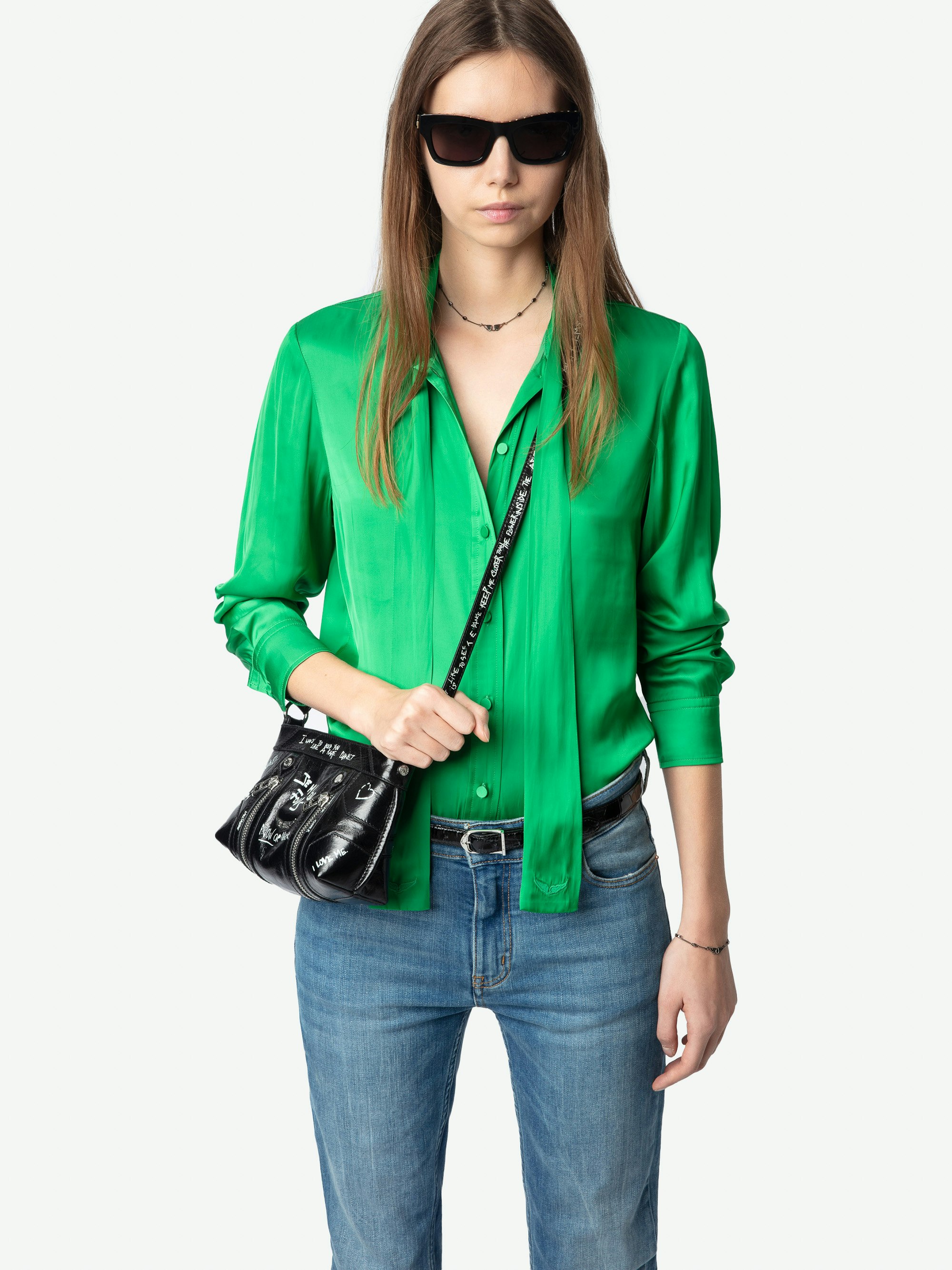 Tulba Satin Shirt - Satin shirt with pussy bow collar, wing embroidery and button fastening.