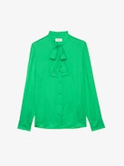 Tulba Satin Shirt - Satin shirt with pussy bow collar, wing embroidery and button fastening.