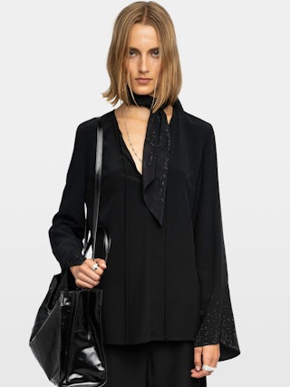 Blouse Turi - Blouse en viscose avec strass, manches longues et décolleté.