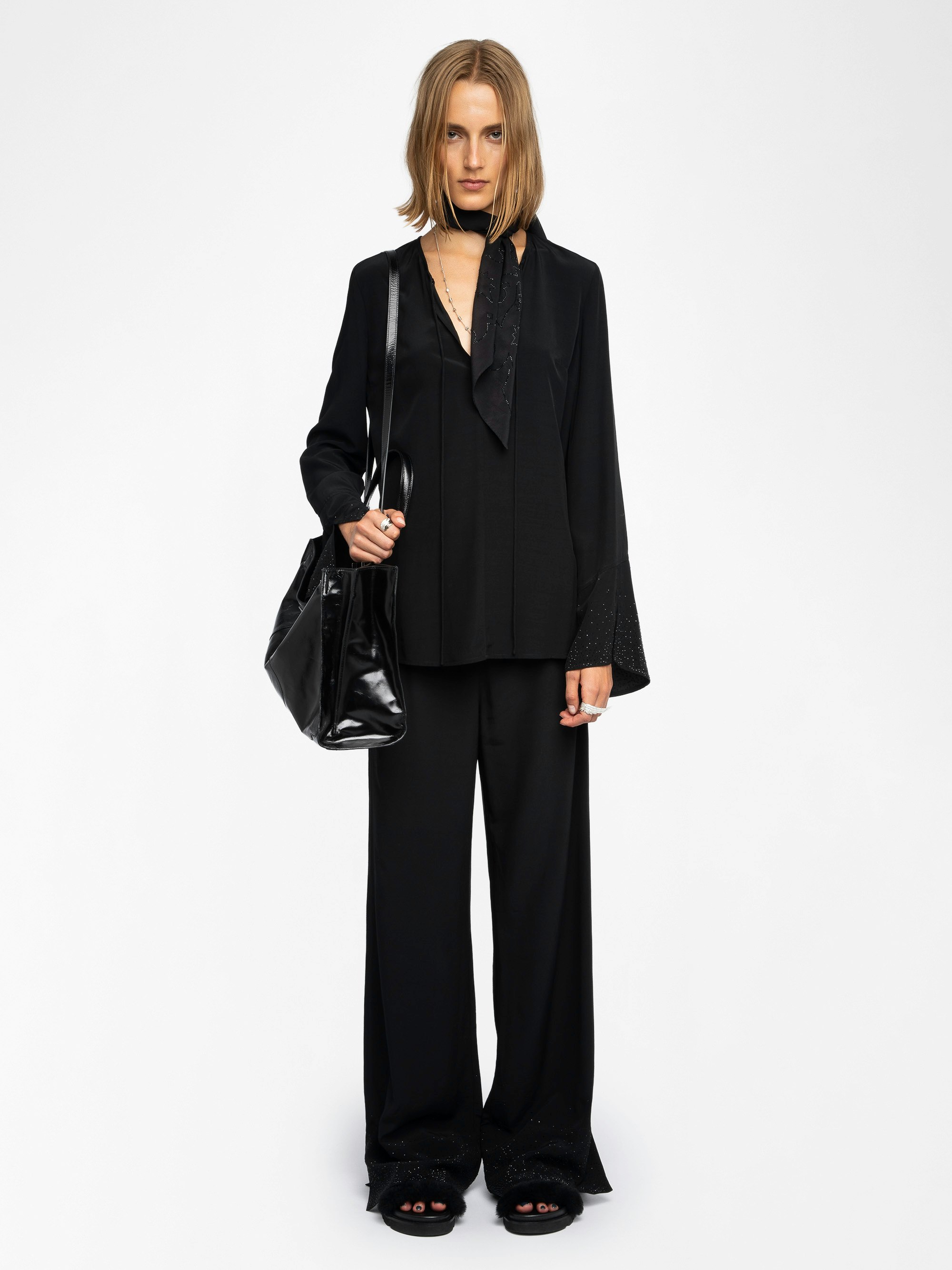 Turi Blouse - Viscose blouse with rhinestones, long sleeves and neckline.