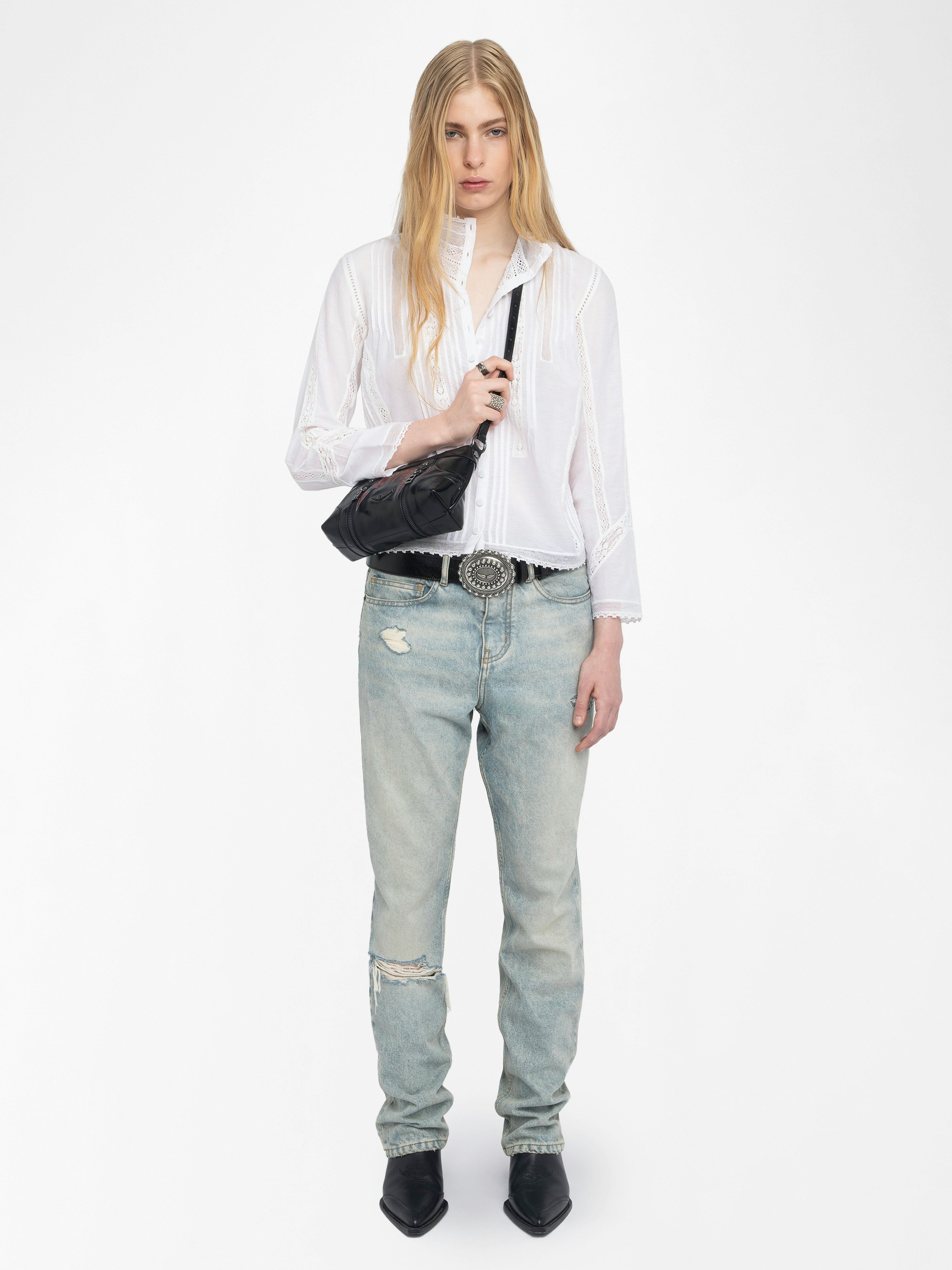 Tano Shirt - Cotton tomboy shirt with lace insert and embroidered wings on the back.
