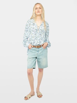 Tamela Floral Tunic Blouse - Printed viscose tunic with long balloon sleeves and lace-up neckline.