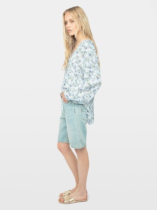 Tamela Floral Tunic Blouse - Printed viscose tunic with long balloon sleeves and lace-up neckline.