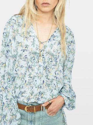 Tamela Floral Tunic Blouse - Printed viscose tunic with long balloon sleeves and lace-up neckline.