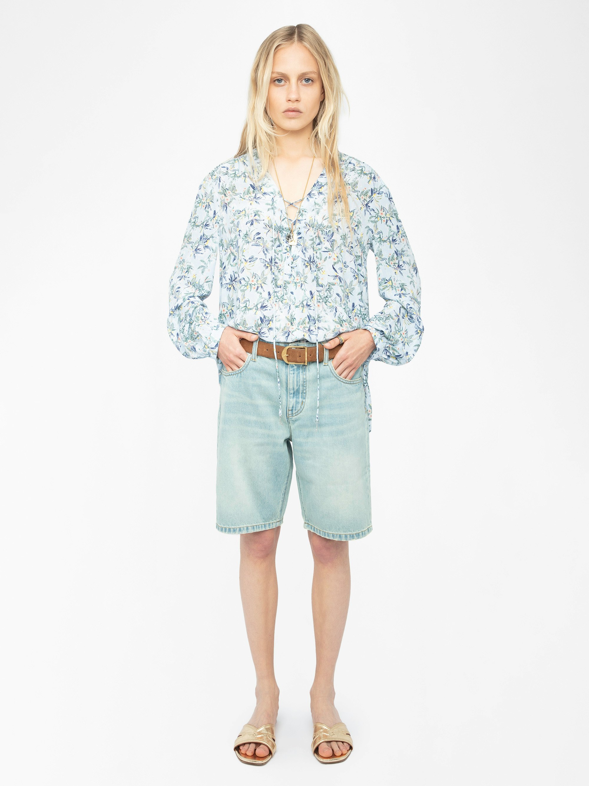 Tamela Blouse 100% Silk - Printed silk tunic with long balloon sleeves and lace-up neckline.