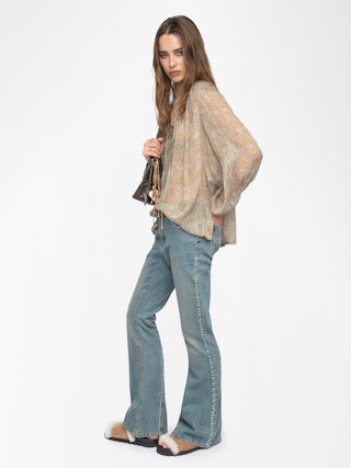Tamela Shirt - Printed chiffon shirt with golden stripes, long balloon sleeves, western yoke and laced neckline.