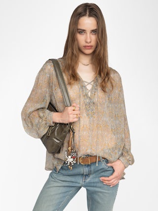 Tamela Shirt - Printed chiffon shirt with golden stripes, long balloon sleeves, western yoke and laced neckline.
