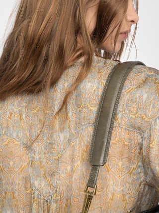 Tamela Shirt - Printed chiffon shirt with golden stripes, long balloon sleeves, western yoke and laced neckline.