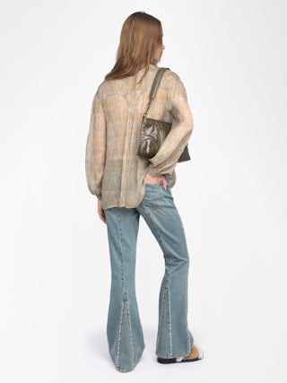 Tamela Shirt - Printed chiffon shirt with golden stripes, long balloon sleeves, western yoke and laced neckline.