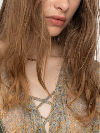 Tamela Shirt - Printed chiffon shirt with golden stripes, long balloon sleeves, western yoke and laced neckline.