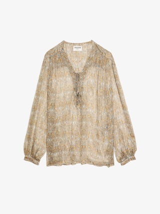 Tamela Shirt - Printed chiffon shirt with golden stripes, long balloon sleeves, western yoke and laced neckline.