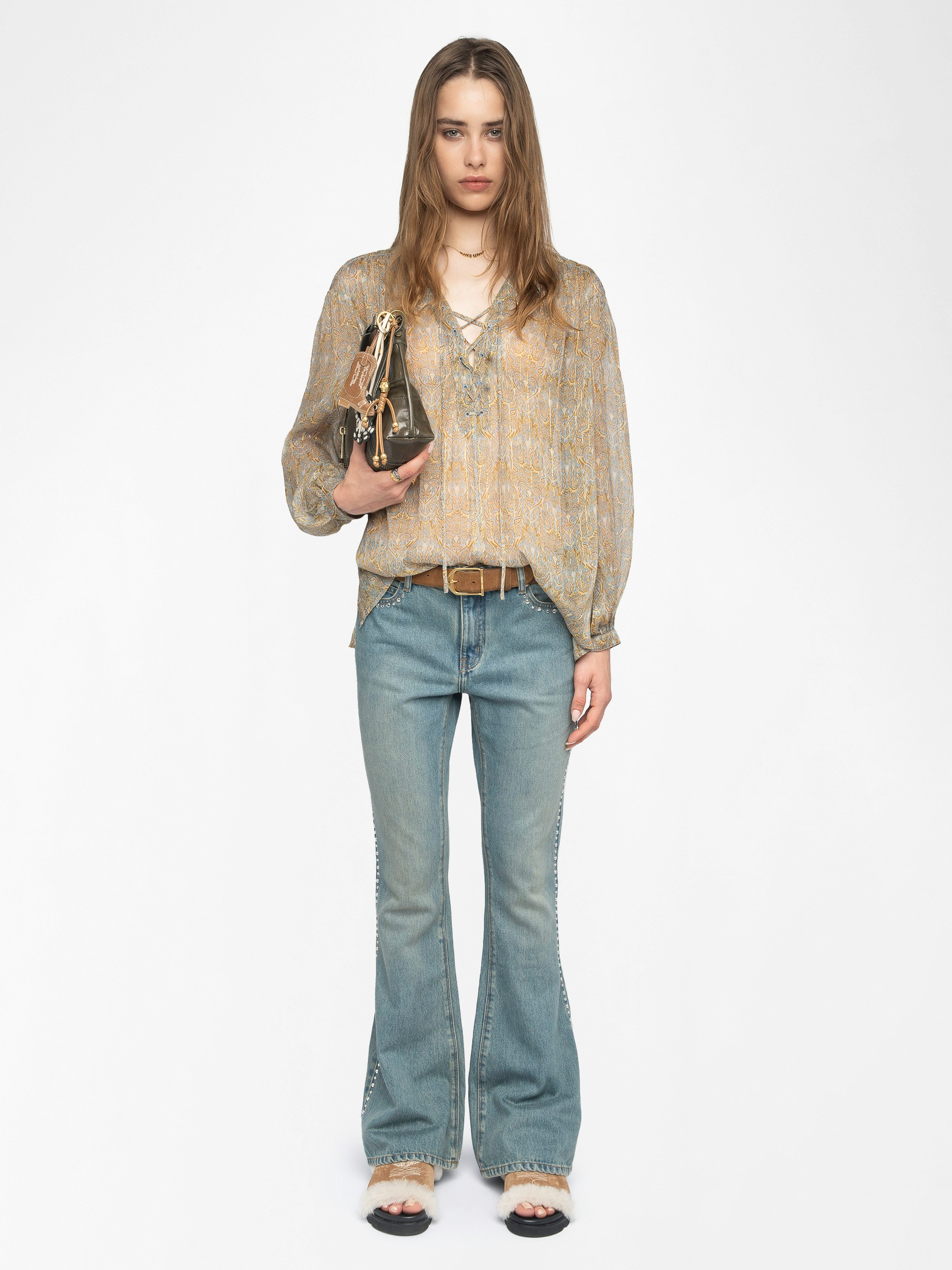 Tamela Shirt - Printed chiffon shirt with golden stripes, long balloon sleeves, western yoke and laced neckline.