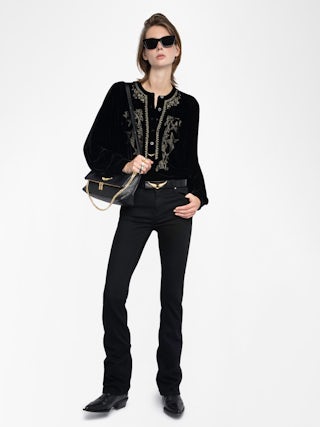 Blouse Tigy - Blouse ample en velours avec broderie encolure, manches longues.