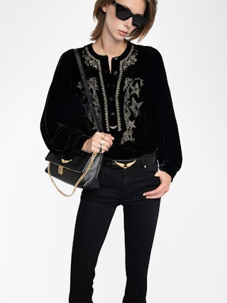 Blouse Tigy - Blouse ample en velours avec broderie encolure, manches longues.