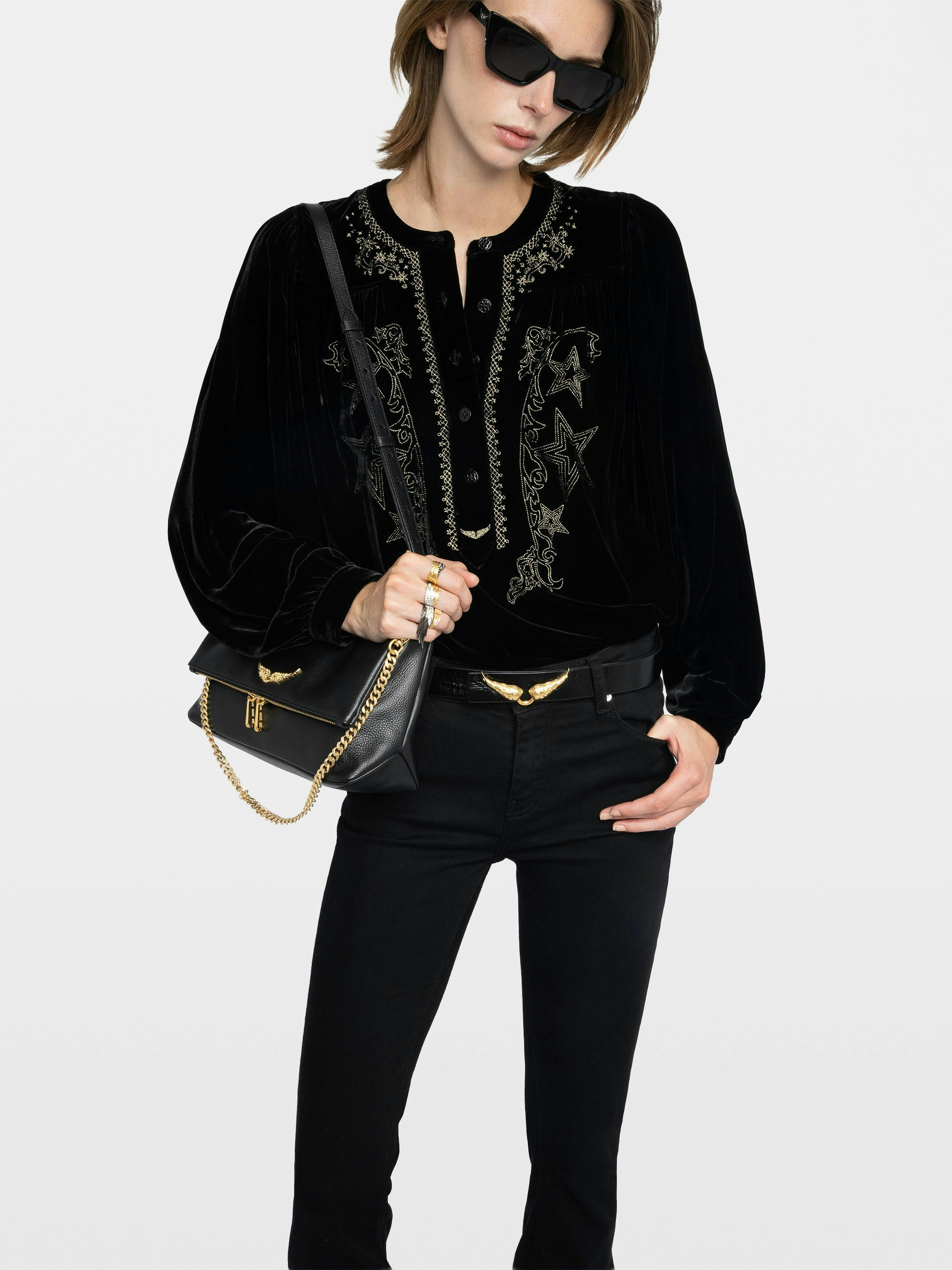 Tigy Blouse - Loose-fitting velvet blouse with neckline embroidery, long sleeves.