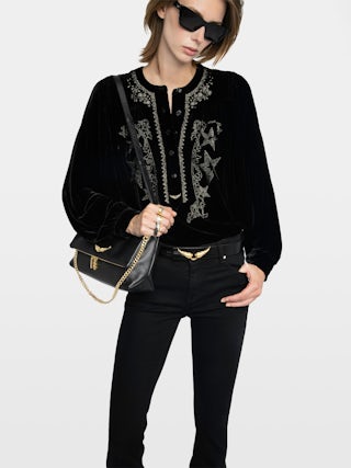 Tigy Blouse - Loose-fitting velvet blouse with neckline embroidery, long sleeves.