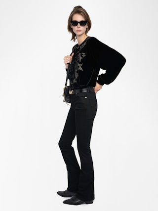 Blouse Tigy - Blouse ample en velours avec broderie encolure, manches longues.