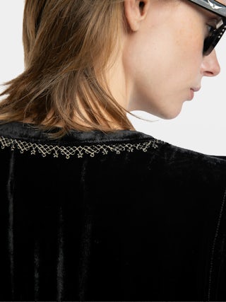 Tigy Blouse - Loose-fitting velvet blouse with neckline embroidery, long sleeves.