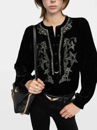 Tigy Blouse - Loose-fitting velvet blouse with neckline embroidery, long sleeves.