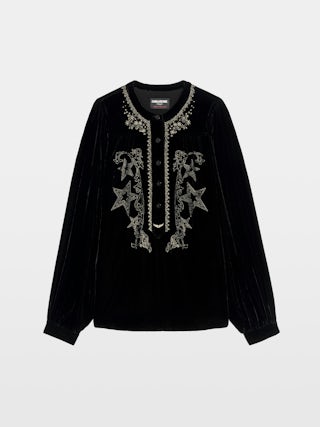Tigy Blouse - Loose-fitting velvet blouse with neckline embroidery, long sleeves.