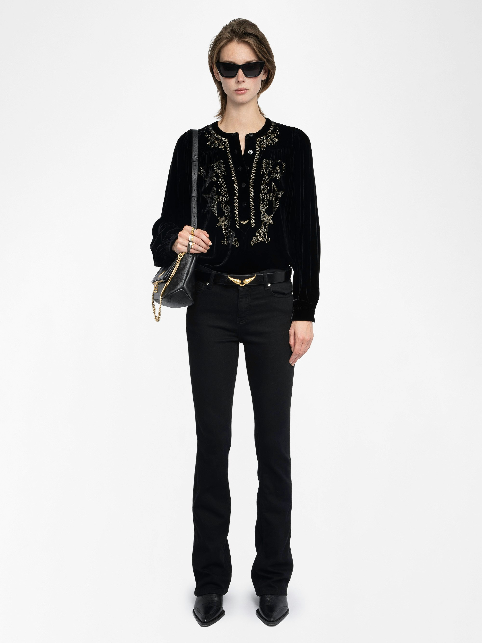 Tigy Blouse - Loose-fitting velvet blouse with neckline embroidery, long sleeves.