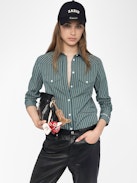 Camicia Thelma - Camicia aderente in popeline a righe con polsini ricamati.