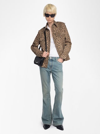 Taskam Denim Overshirt - Military denim shirt with leopard print, long sleeves.