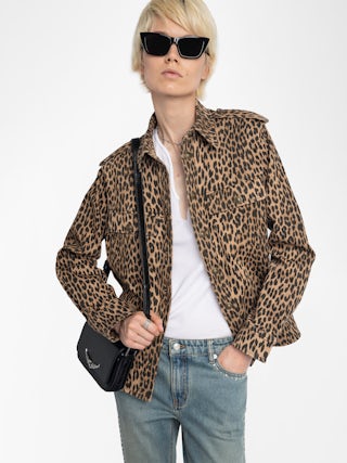 Taskam Denim Overshirt - Military denim shirt with leopard print, long sleeves.
