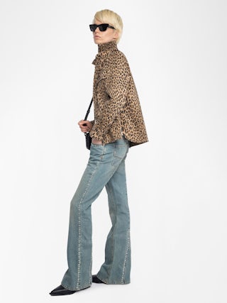 Taskam Denim Overshirt - Military denim shirt with leopard print, long sleeves.