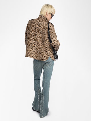 Taskam Denim Overshirt - Military denim shirt with leopard print, long sleeves.