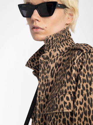 Taskam Denim Overshirt - Military denim shirt with leopard print, long sleeves.