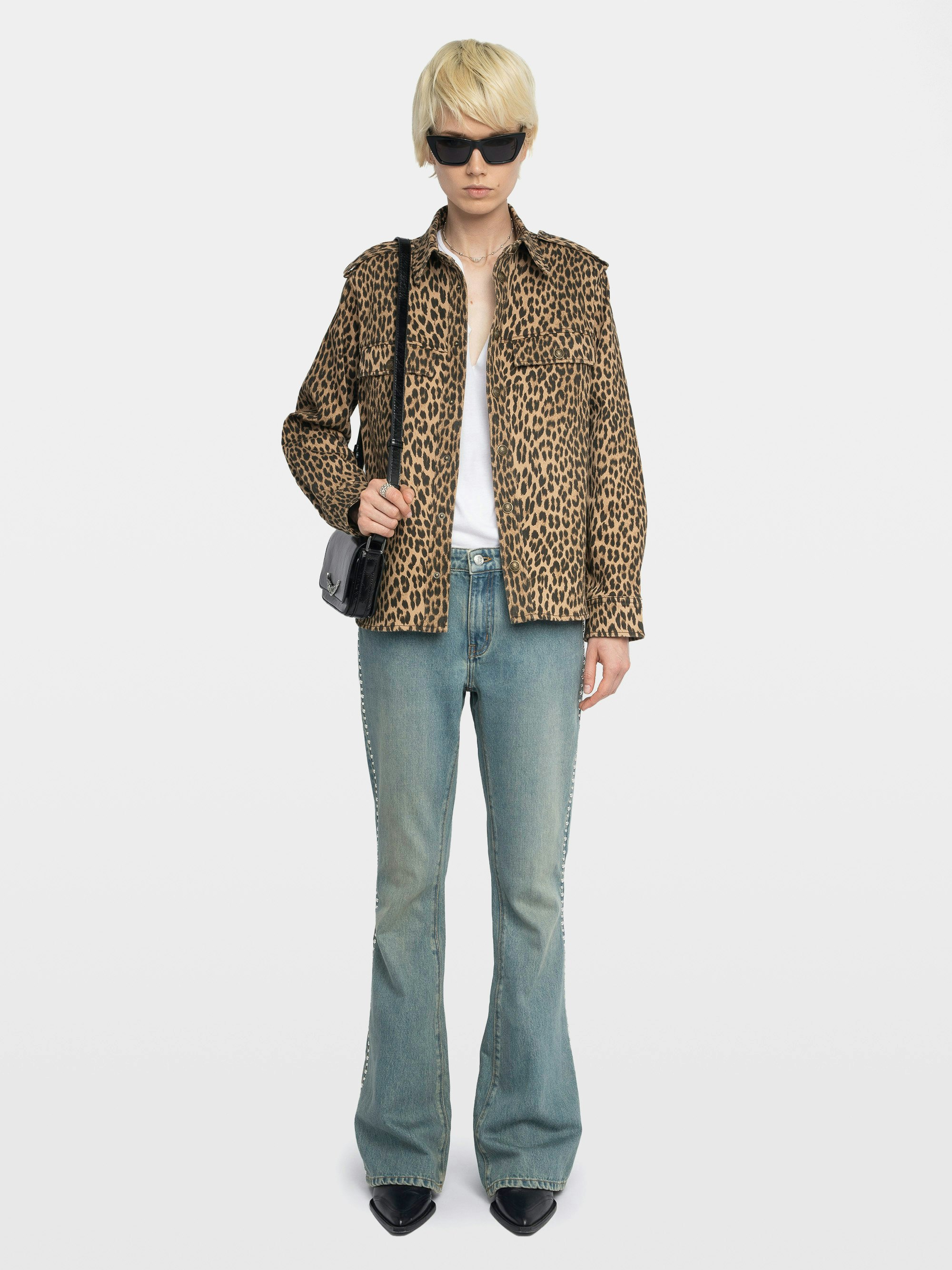 Sobrecamisa Taskam Denim - Camisa militar de denim con estampado leopardo, mangas largas.