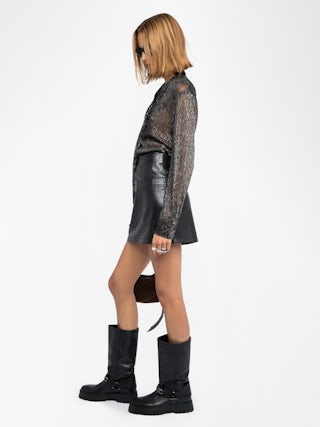 Tulba Shirt - Shimmer chiffon shirt with pussy-bow collar, wings embroidery on the back and button closure.