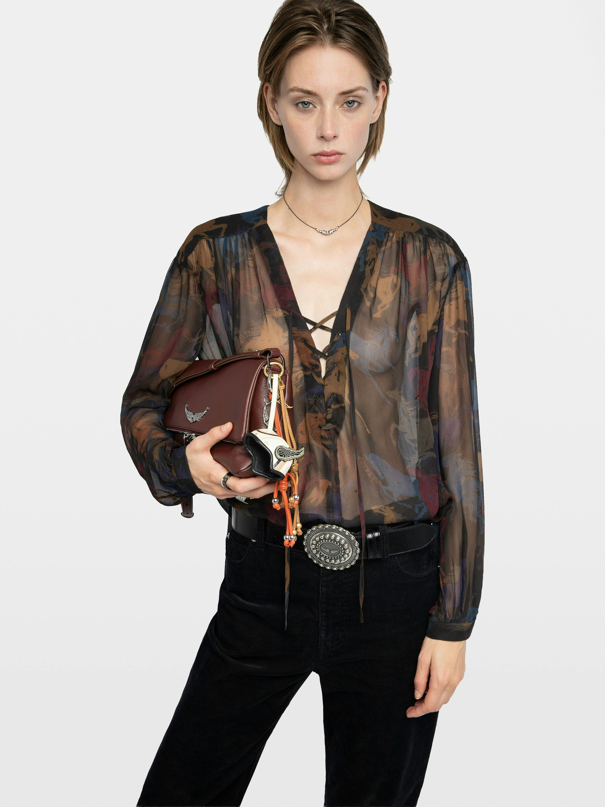 Tamela Shirt - Printed chiffon shirt with balloon long sleeves, western cut and lace-up neckline.