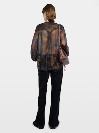 Chemise Tamela - Chemise en mousseline imprimée,, manches longues ballons, découpe western et décolleté lacé.