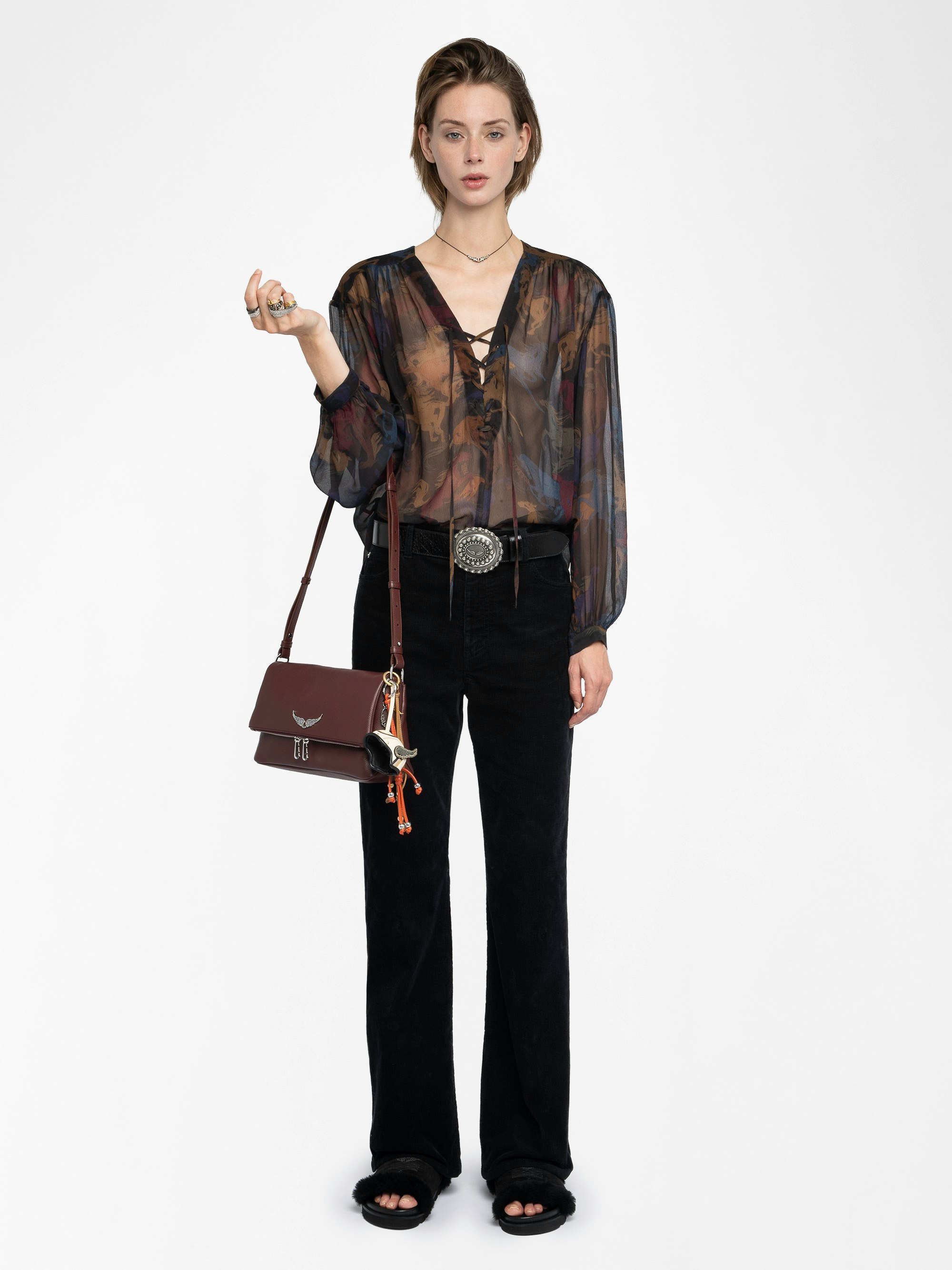 Tamela Shirt - Printed chiffon shirt with balloon long sleeves, western cut and lace-up neckline.