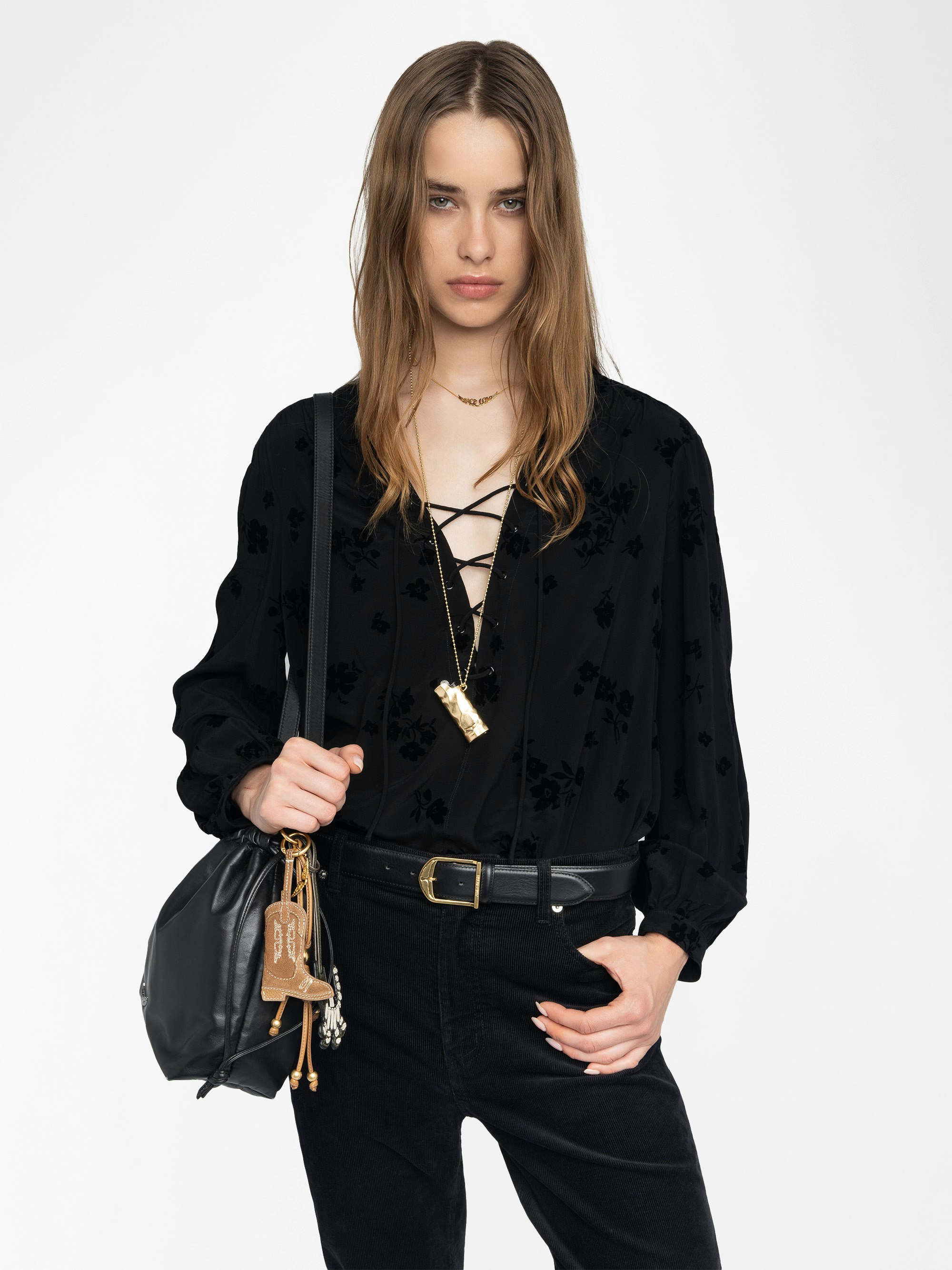 Tamela Shirt - Flocked viscose tunic with long balloon sleeves and laced neckline.