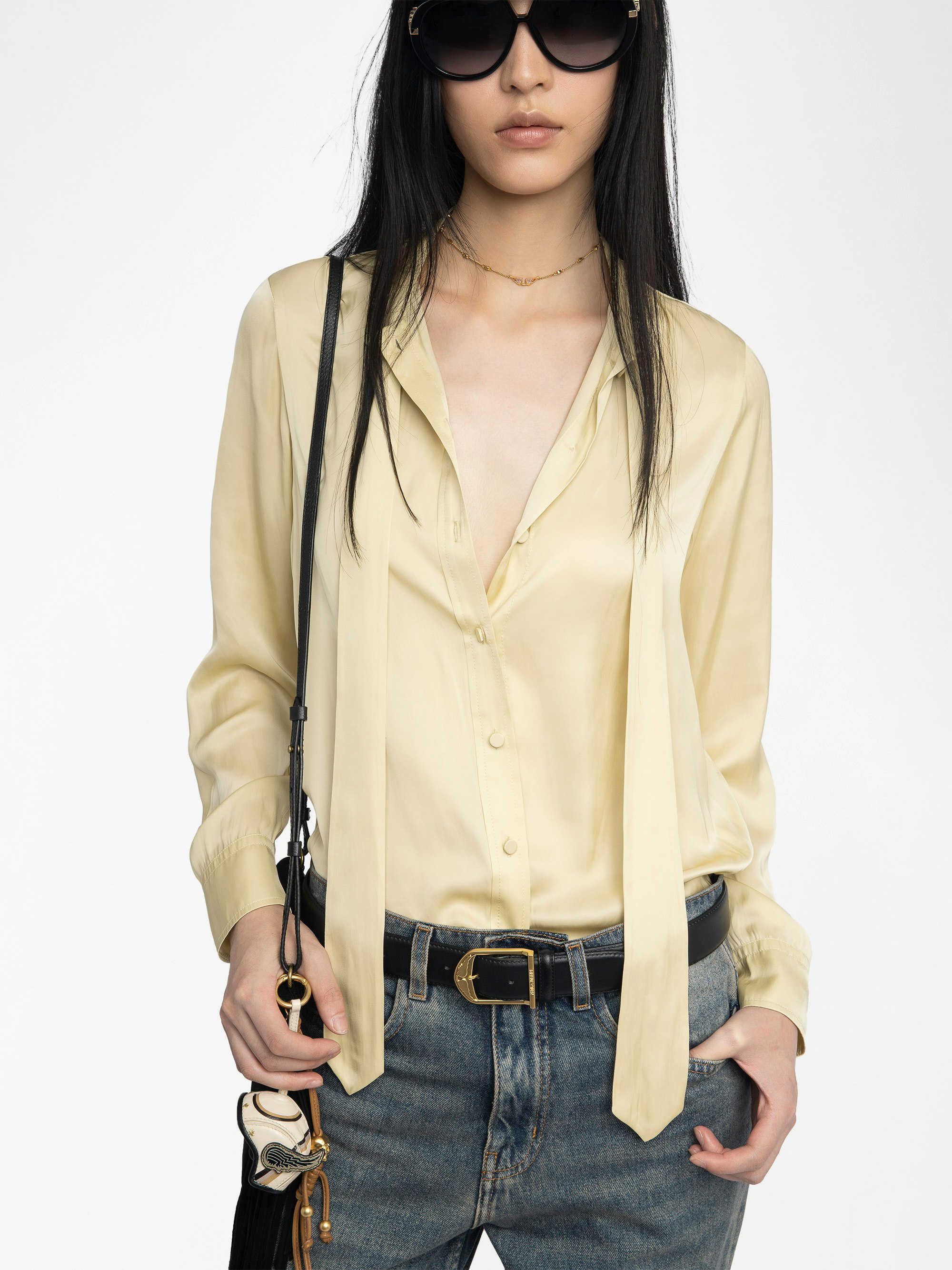 Tulba Satin Shirt - Satin shirt with pussy-bow collar, rhinestone wings on back and button fastening.