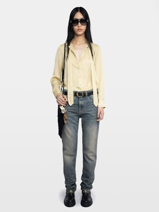 Tulba Satin Shirt - Satin shirt with pussy-bow collar, rhinestone wings on back and button fastening.