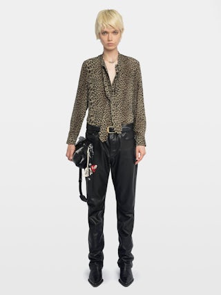 Tulba Satin Shirt - Satin shirt with pussy-bow collar, wing embroidery on back and button closure.