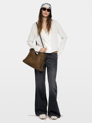 Chemise Tussi 100% Soie - Blouse en soie jacquard horses, manches longues et fermeture croisée boutonnée.