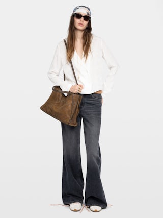 Camicia Tussi 100% Seta - Blusa in seta jacquard cavalli, maniche lunghe e chiusura incrociata abbottonata.