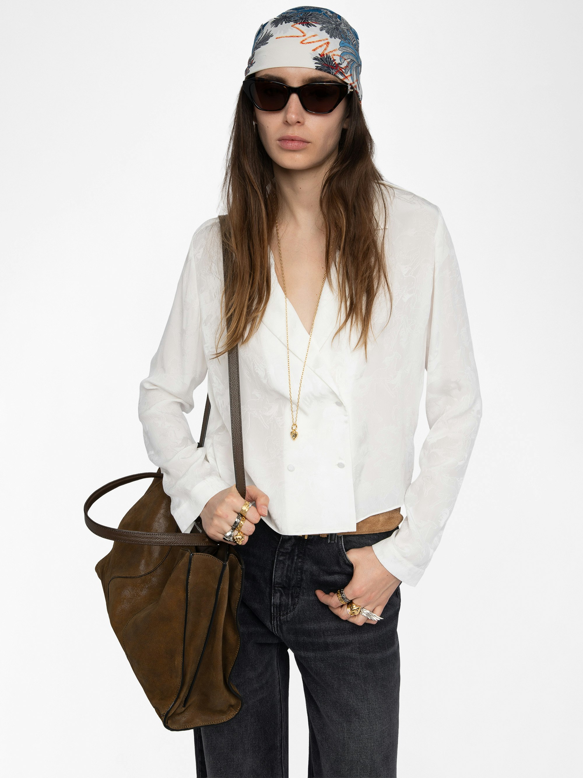 Tussi Jacquard Silk Shirt​ - Blouse in jacquard silk with horse print, long sleeves and crossed button closure.